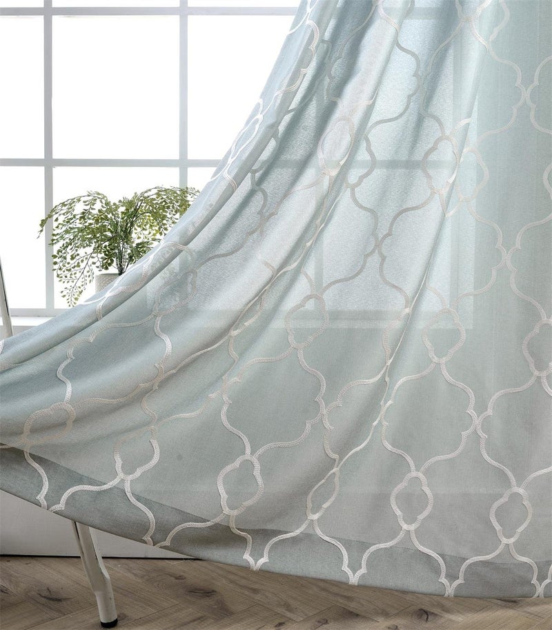 MIUCO Moroccan Embroidery Semi Sheer Curtains Faux Linen Grommet Curtains for Living Room 52 x 84 Inch 2 Panels Set, Sea Foam - Image 1