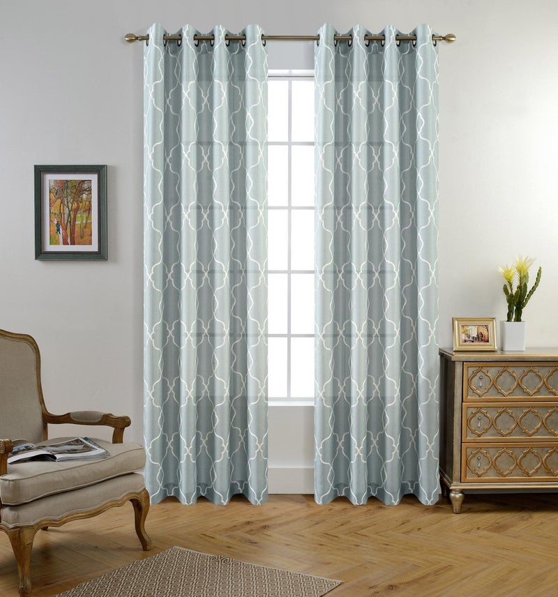 MIUCO Moroccan Embroidery Semi Sheer Curtains Faux Linen Grommet Curtains for Living Room 52 x 84 Inch 2 Panels Set, Sea Foam - Image 2