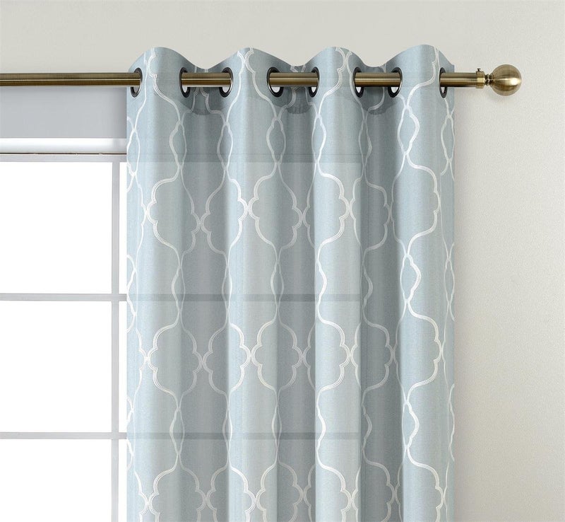 MIUCO Moroccan Embroidery Semi Sheer Curtains Faux Linen Grommet Curtains for Living Room 52 x 84 Inch 2 Panels Set, Sea Foam - Image 3