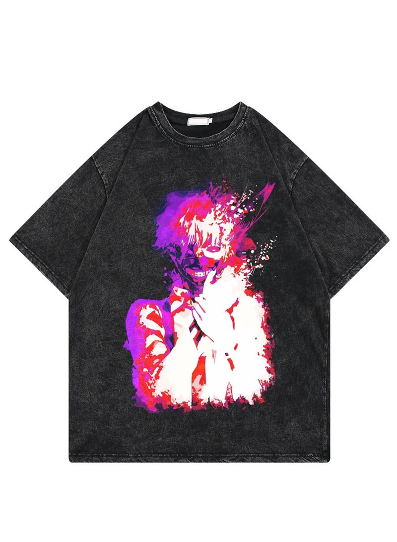 Washed retro T-shirt street hip hop anime Tokyo ghoul casual cotton summer short sleeves - Image 1