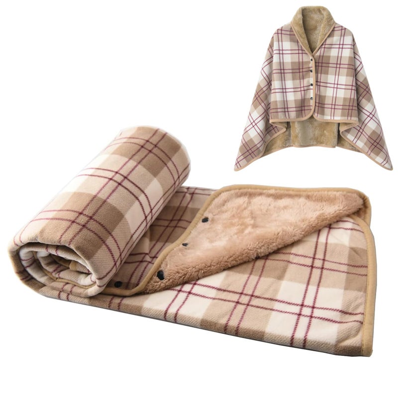 forestfish Fleece Wearable Blanket Plaid Lap Blanket Comfy Poncho Throw with Buttons for Bed Sofa Office BrownWhite