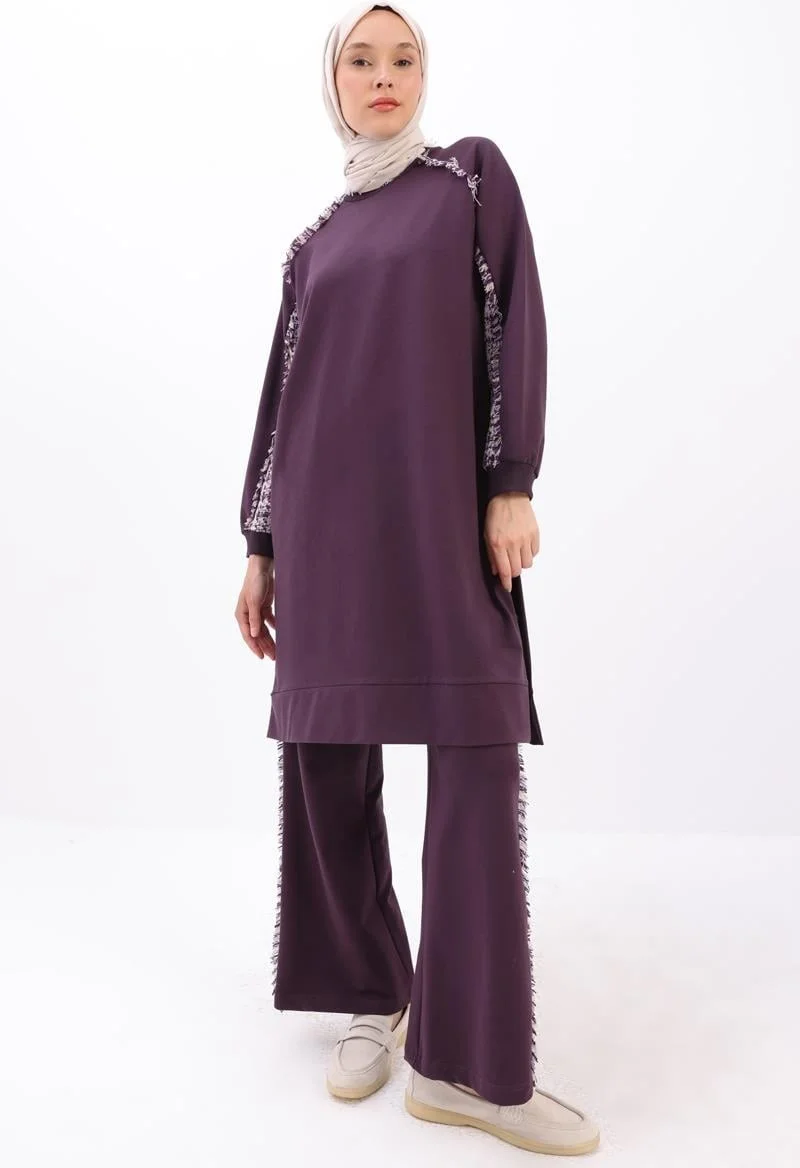 Allday Plum-Tweed Garni Detailed Trouser Set