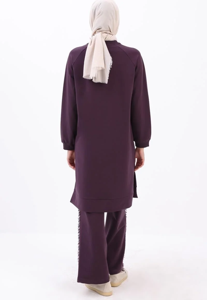 Allday Plum-Tweed Garni Detailed Trouser Set