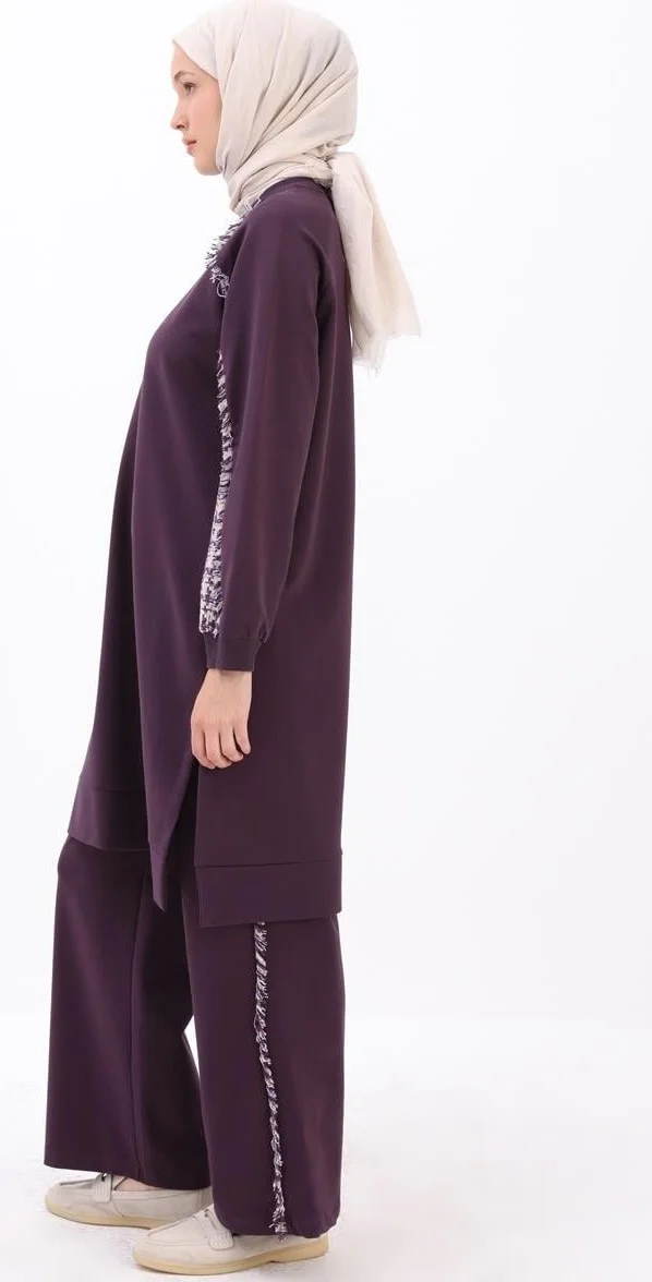 Allday Plum-Tweed Garni Detailed Trouser Set