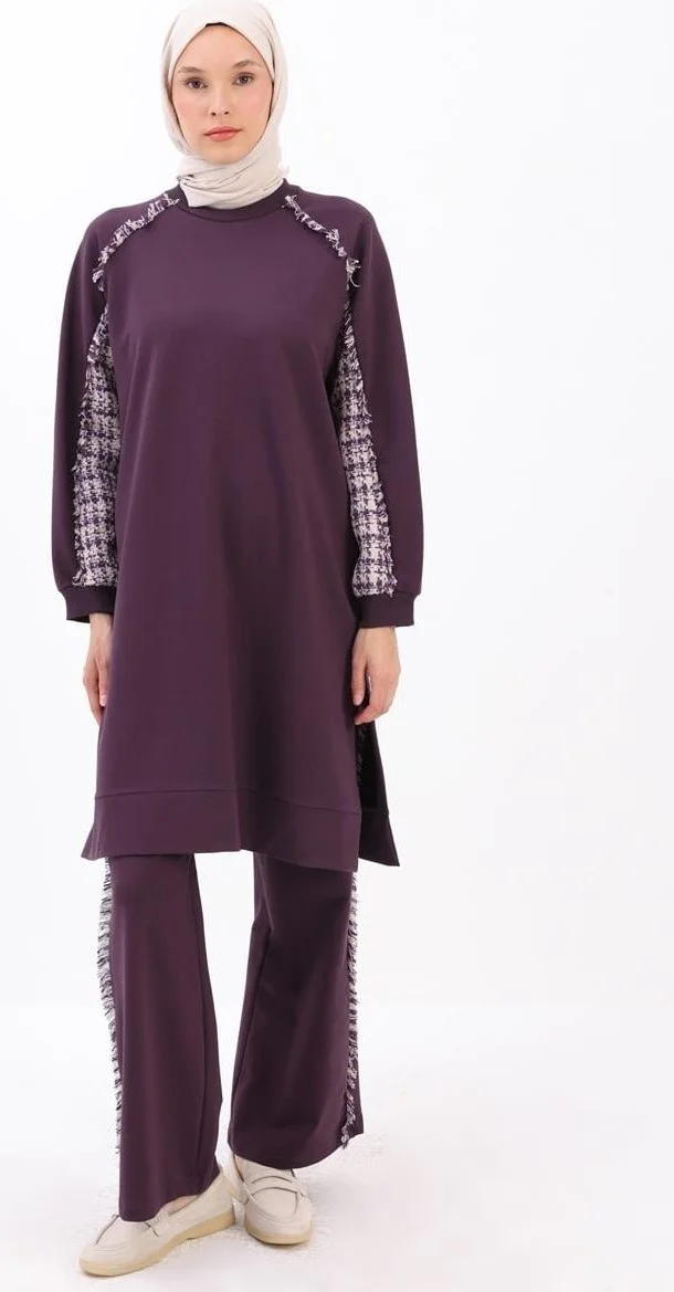 Allday Plum-Tweed Garni Detailed Trouser Set