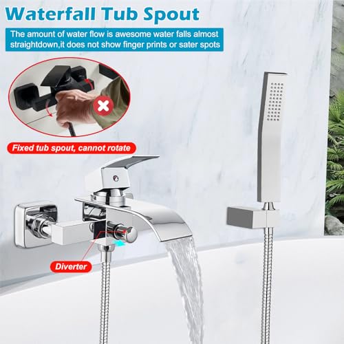 Midanya Wall Mount Bathtub Faucet with Handheld Spray Waterfall Tub Filler Single Handle Bathroom Tub Mixer Tap Hand-Shower System with Curved Spout Commercial,Polish Chrome - Image 2