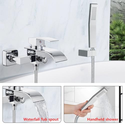 Midanya Wall Mount Bathtub Faucet with Handheld Spray Waterfall Tub Filler Single Handle Bathroom Tub Mixer Tap Hand-Shower System with Curved Spout Commercial,Polish Chrome - Image 4
