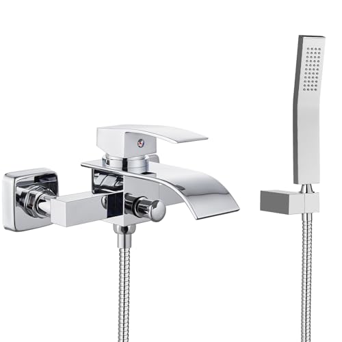 Midanya Wall Mount Bathtub Faucet with Handheld Spray Waterfall Tub Filler Single Handle Bathroom Tub Mixer Tap Hand-Shower System with Curved Spout Commercial,Polish Chrome - Image 1
