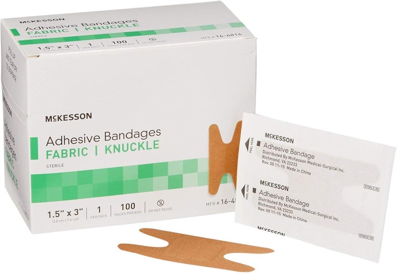 McKesson Adhesive Bandages, Sterile, Fabric Knuckle, 1 1/2 in x 3 in, 100 Count, 1 Pack