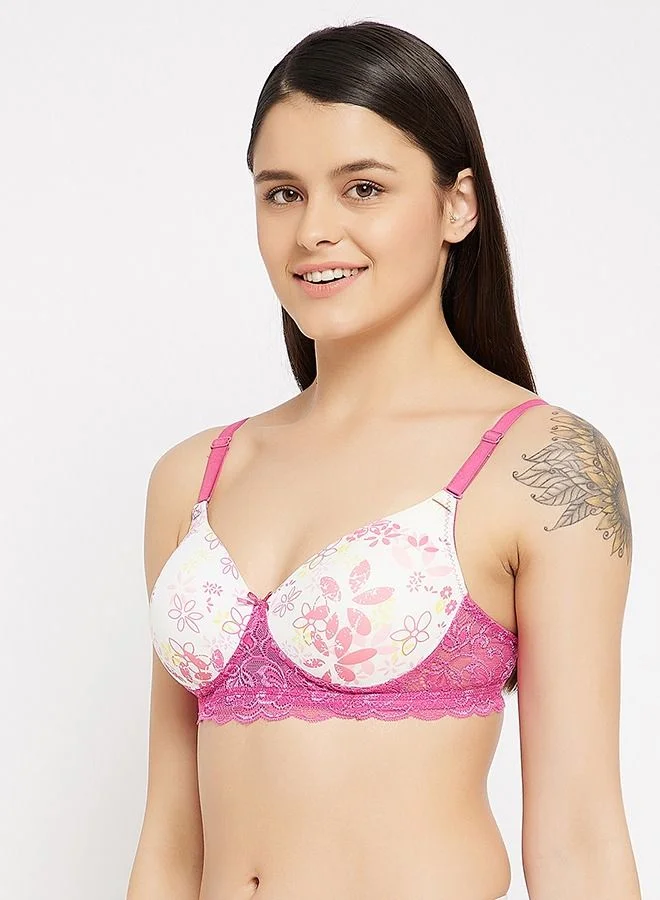كلوفيا Clovia Padded Non-Wired Full Cup Floral Print Multiway T-shirt Bra in White - Lace