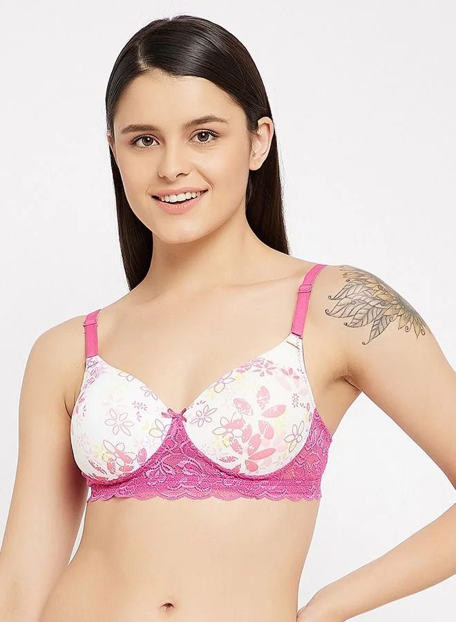 كلوفيا Clovia Padded Non-Wired Full Cup Floral Print Multiway T-shirt Bra in White - Lace