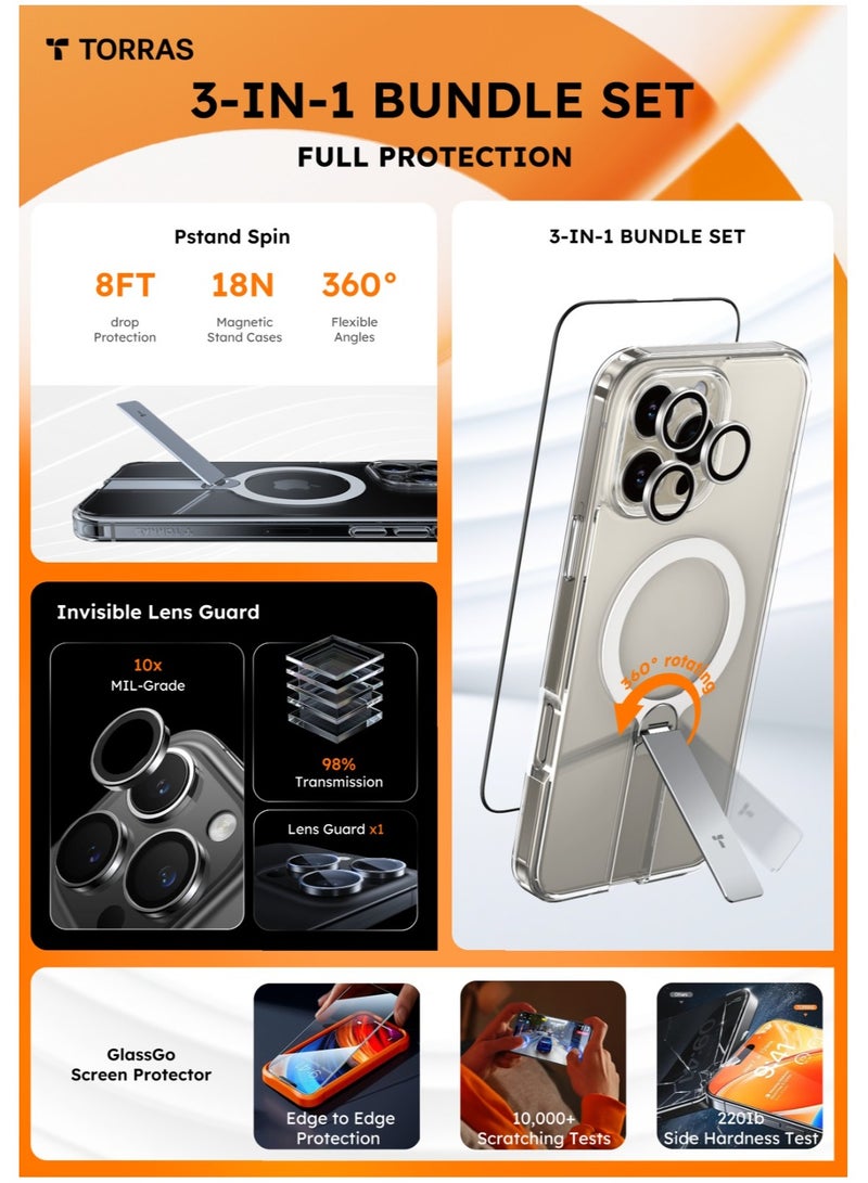 TORRAS 3-In-1 Bundle: 360° Stand Magnetic Case For iPhone 16 Pro, [Full Camera Protection] [Compatible With Magsafe] [16Ft Mil-Grade Drop Protection]. Case For iPhone 16 Pro (6.3") Includes A Magnetic Kickstand Case + Full Screen Protector + Camera Lens Guard. Diamond Clear Clear - Image 1