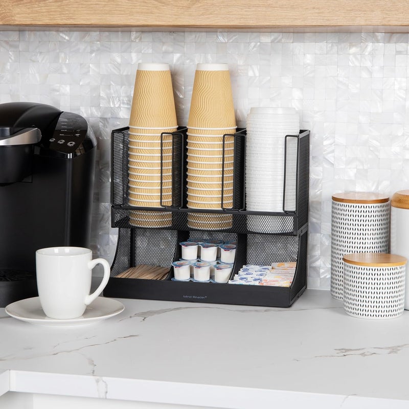 Mind Reader Cup and Condiment Station, Countertop Organizer, Coffee Bar, Kitchen, Metal Mesh, 13"L x 6.45"W x 11.25"H, Black - Image 2