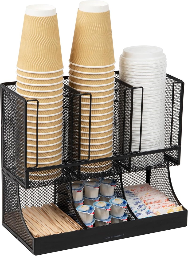 Mind Reader Cup and Condiment Station, Countertop Organizer, Coffee Bar, Kitchen, Metal Mesh, 13"L x 6.45"W x 11.25"H, Black - Image 1