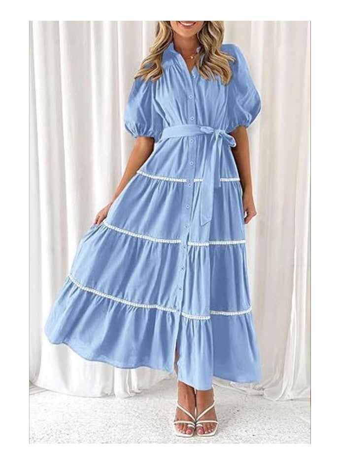 KUYING New Bubble Sleeve Lace Layered Pleated Short Sleeved Shirt Dress