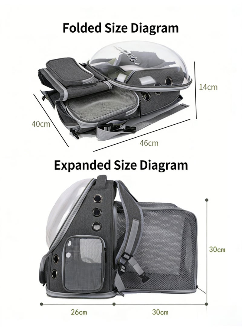 Stylish Pet Carrier Backpack with EXTRA SPACE, Breathable Cat Carrier Bag Expandable, Pet Bubble Backpack, Pet Travel Bag with Space Cover, Transparent Waterproof Portable Pet Space Capsule Backpack for Travel, Hiking, Walking and Outdoor-Grey Expandable - Image 3