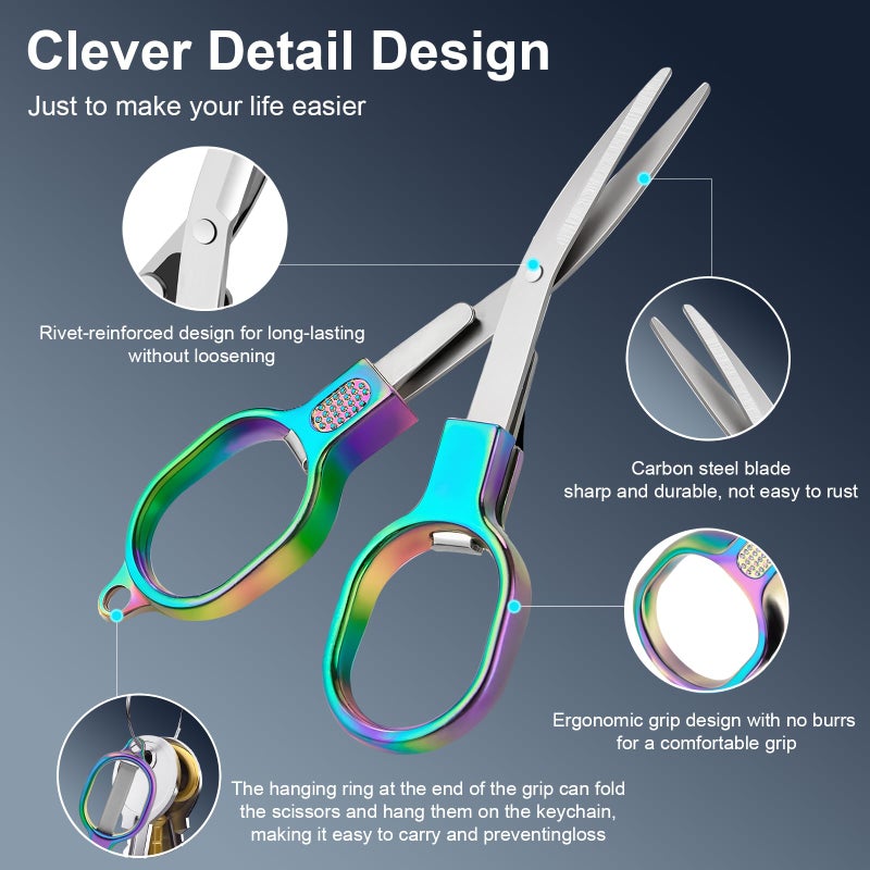 BSADIY 2 Pcs Folding Stainless Steel Portable Mini Travel Scissors, Safety Foldable Pocket Badge Small Scissors All Purpose with 2 Keychain for Travel, Home, Office, Craft, Sewing, Nurse Accessories (Color) - Image 2