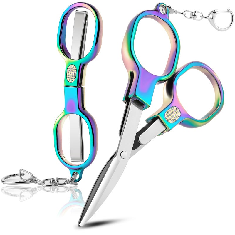 BSADIY 2 Pcs Folding Stainless Steel Portable Mini Travel Scissors, Safety Foldable Pocket Badge Small Scissors All Purpose with 2 Keychain for Travel, Home, Office, Craft, Sewing, Nurse Accessories (Color) - Image 1
