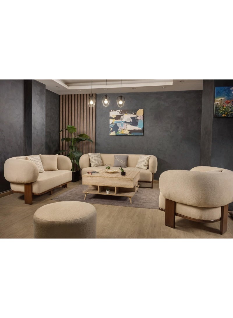 Modern Spanish living room set (3-seater sofa + 2-seater sofa + armchair) - red beech wood