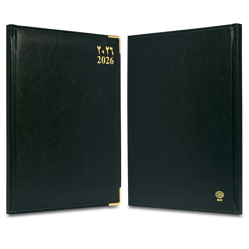 FIS 2026 Executive Diary, 210x260mm, 1 Side Padded Sewn Vinyl Cover, Golden Corners, 1 Week at a Glance, Arabic/English/French, 70gsm White Paper, Green - Image 2