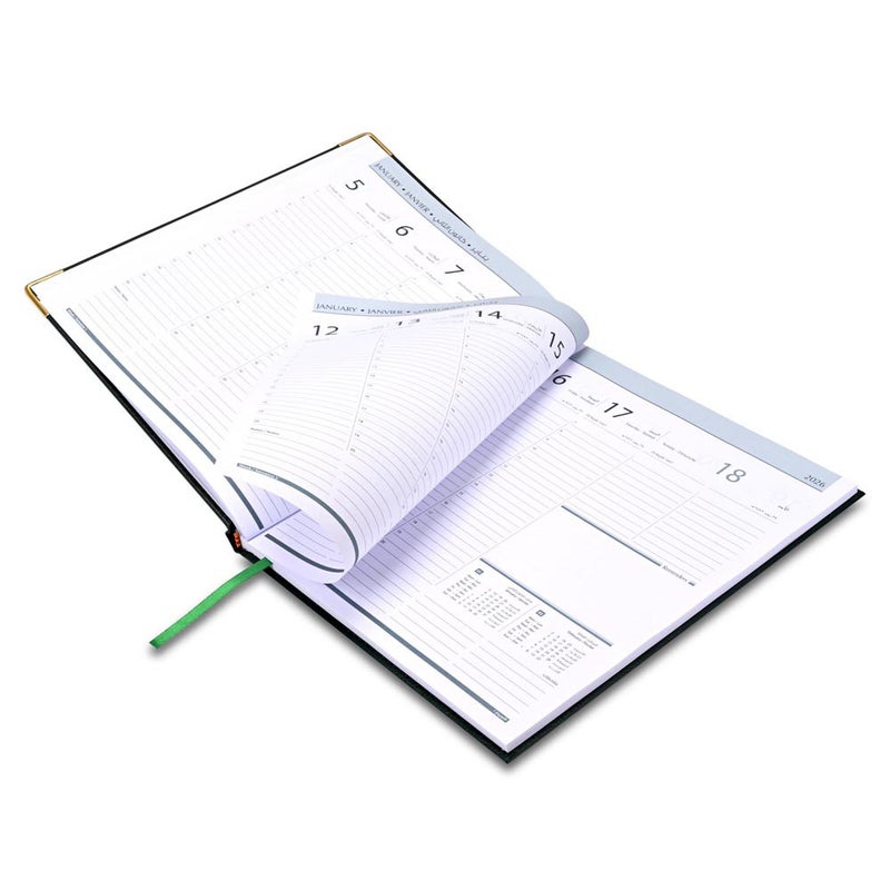 FIS 2026 Executive Diary, 210x260mm, 1 Side Padded Sewn Vinyl Cover, Golden Corners, 1 Week at a Glance, Arabic/English/French, 70gsm White Paper, Green - Image 4