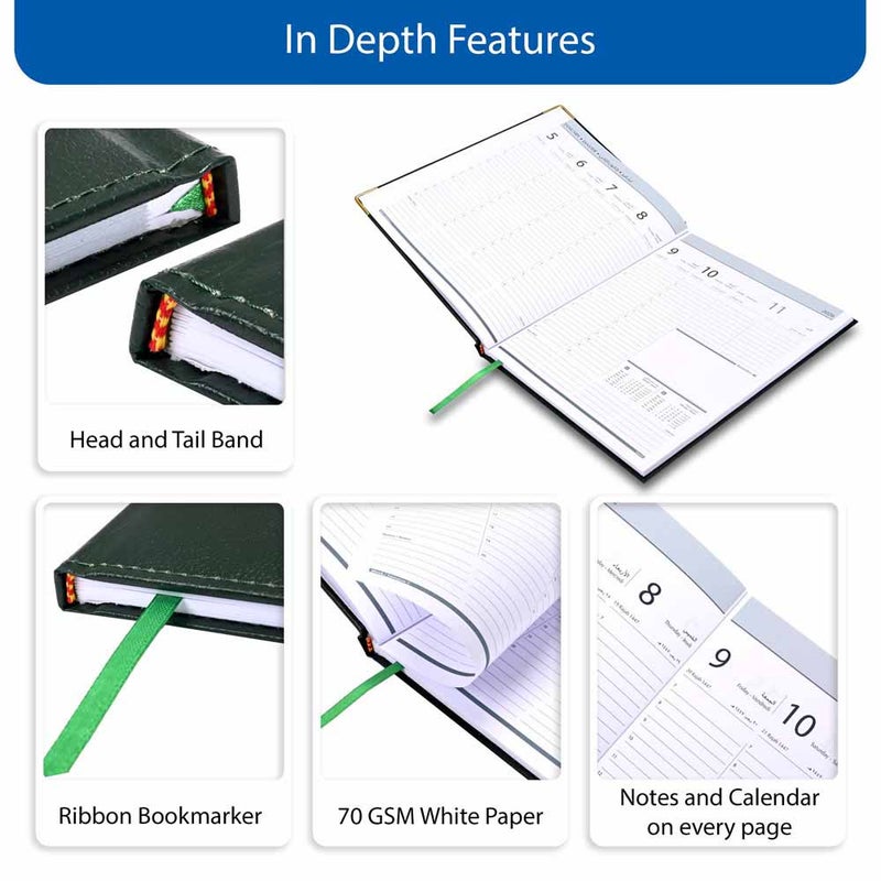 FIS 2026 Executive Diary, 210x260mm, 1 Side Padded Sewn Vinyl Cover, Golden Corners, 1 Week at a Glance, Arabic/English/French, 70gsm White Paper, Green - Image 5
