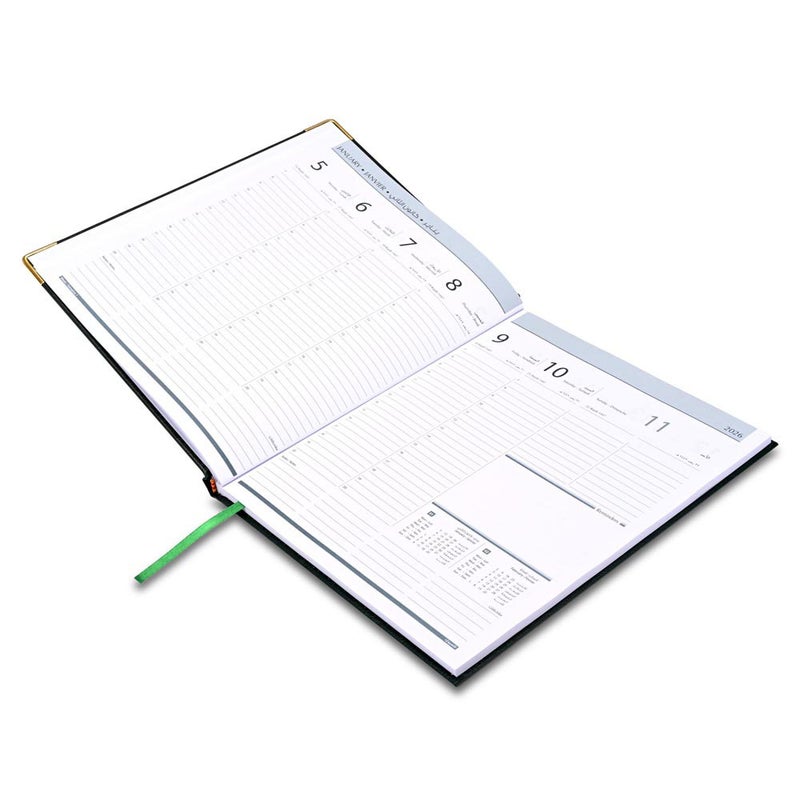 FIS 2026 Executive Diary, 210x260mm, 1 Side Padded Sewn Vinyl Cover, Golden Corners, 1 Week at a Glance, Arabic/English/French, 70gsm White Paper, Green - Image 3