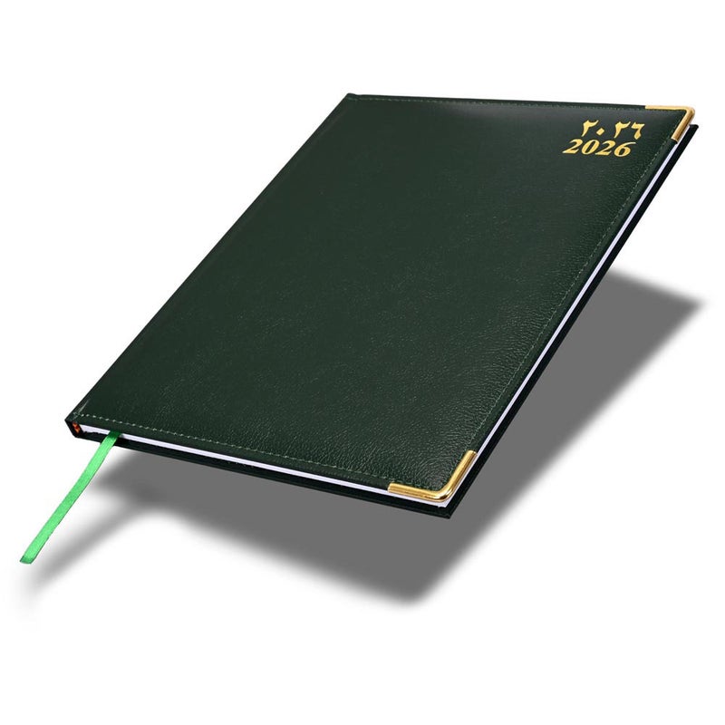 FIS 2026 Executive Diary, 210x260mm, 1 Side Padded Sewn Vinyl Cover, Golden Corners, 1 Week at a Glance, Arabic/English/French, 70gsm White Paper, Green - Image 1