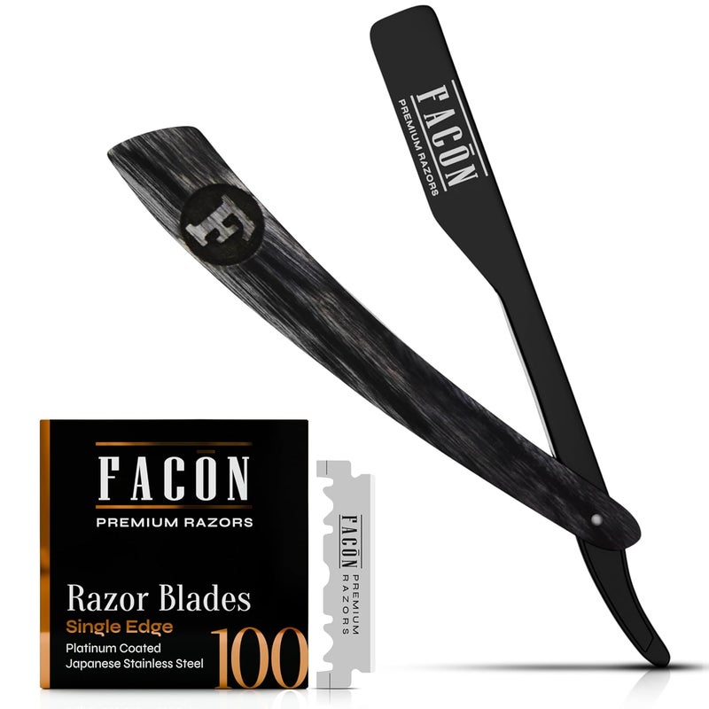 FACON شفرة فاكُون المستقيمة للرجال - مجموعة شفرات حلاقة احترافية مع 100 شفرة، ماكينة حلاقة خشبية من الفولاذ المقاوم للصدأ للحصول على حلاقة ناعمة ودقيقة، ماكينة حلاقة باربر مميزة لحلاقة الرجال - Image 1