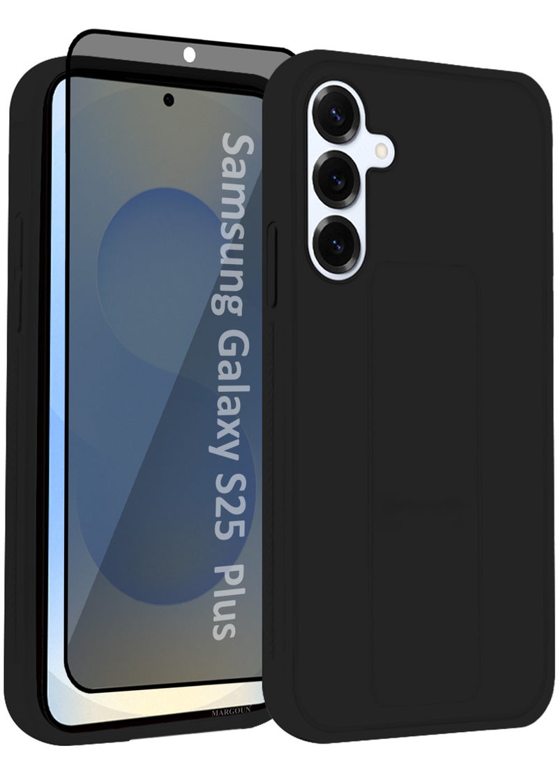 YJS Galaxy S25 Plus 2Packs Case Silicone with Stand Function Shockproof and Anti Scratch Finger Grip Case Cover with 1 Shock Proof Screen Protector / Black Black-2 - Image 4