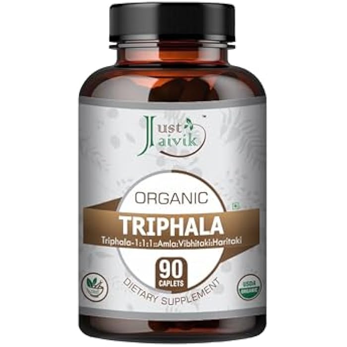 Just Jaivik Organic Triphala (Amla + Bibhitaki + Haritaki) Tablets - A Dietary Supplements - 750 mg (Pack 90 Organic Tablets) | Balancing Formula for Detoxification & Rejuvenation - Image 1