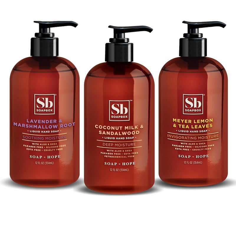 Soapbox Hand Soap Variety Pack Coconut Lavender Meyer Lemon Liquid Hand Soap Moisturizing Wash with Shea Butter  Aloe Vera Pack of 3 Bottles with Pump Dispenser 12oz Each