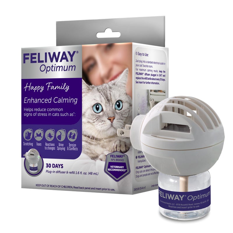 Feliway مجموعة بدء تشغيل موزع الفيرومون FELIWAY® Optimum لتهدئة القطط لمدة 30 يومًا، 48 مل - يساعد في تقليل علامات التوتر الشائعة في القطط والهررة، تهدئة محسّنة - Image 1