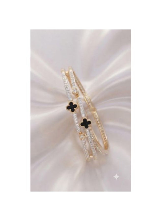 Double-Band Stainless Steel Bangle, Gold Finish with Black Enamel Clover & Pavé Crystals