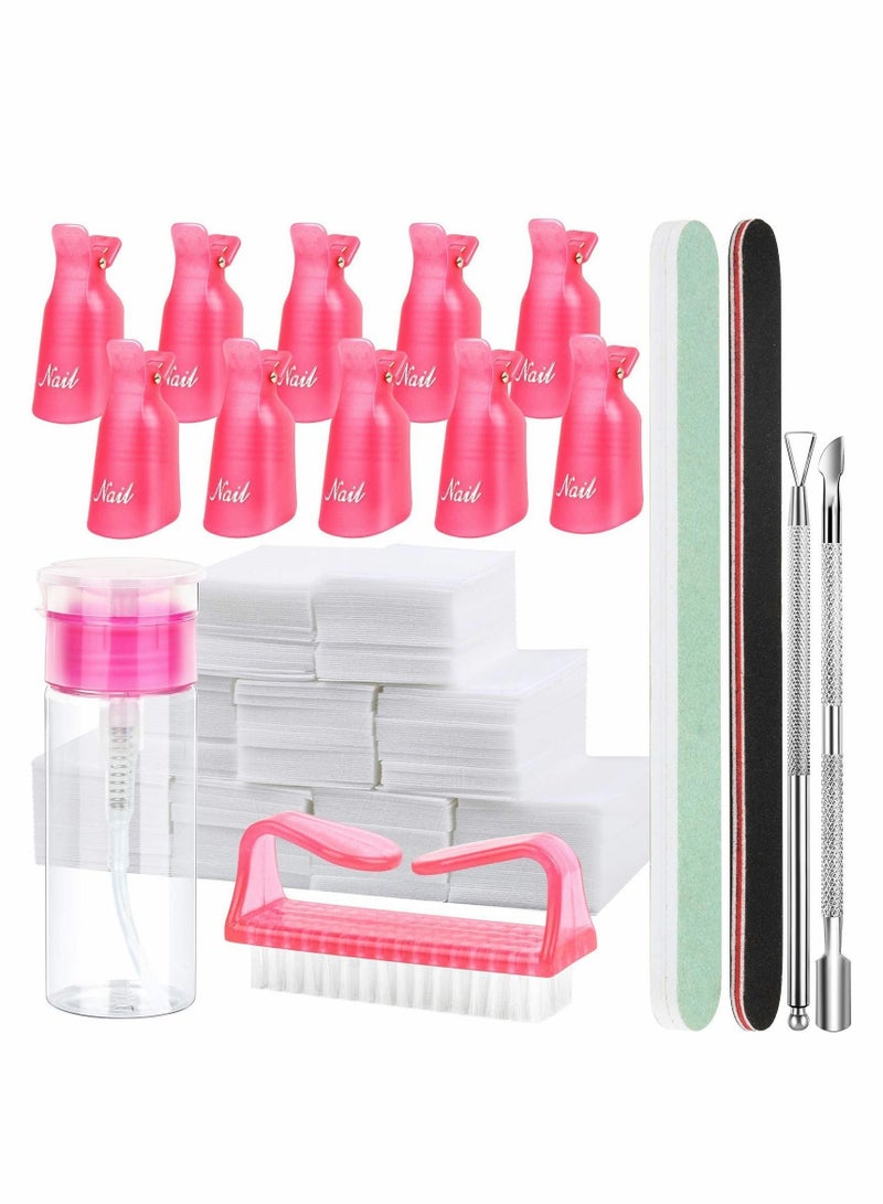 NIBEMINENT Nail Polish Gel Remover Tools Kit with Clips, 100ml Bottle, 500 Cotton Pad, Brush, Cuticle Pusher, Peeler, 100/180 File,Buffer Block - Image 1