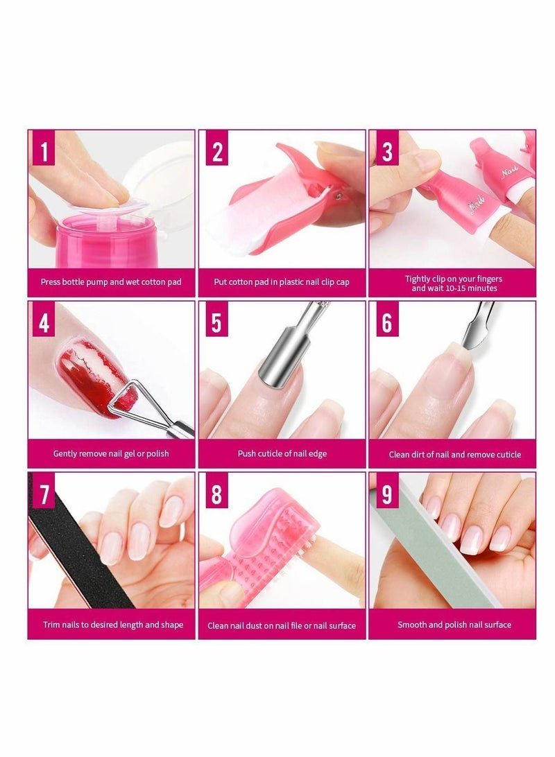 NIBEMINENT Nail Polish Gel Remover Tools Kit with Clips, 100ml Bottle, 500 Cotton Pad, Brush, Cuticle Pusher, Peeler, 100/180 File,Buffer Block - Image 5