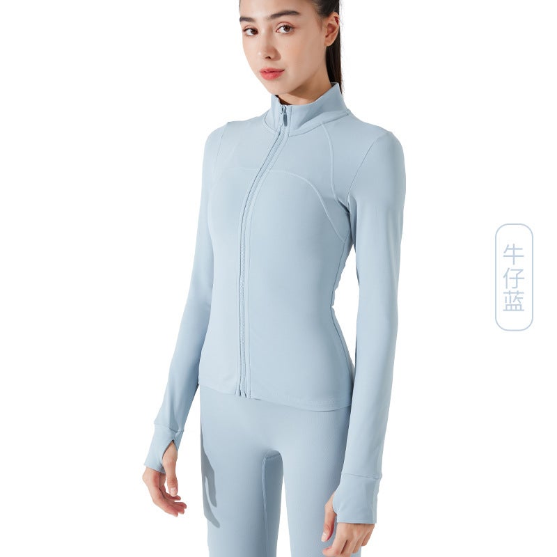Generic Winter Warm Yoga Fitness Zip Jacket Stand Collar Running Top Women denim blue  - Image 1