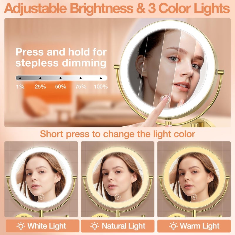 Benbilry 9" Large Wall Mounted Lighted Makeup Mirror, 1X/10X Magnifying 2-Sided AC Plug-in Powered Bathroom Mirror with 3 Color Lights, Touch Dimmable, Extended Arm 360Â° Rotation, ã€Goldã€‘ - Image 4