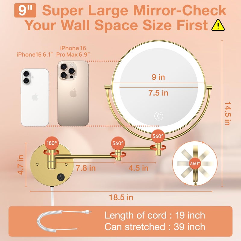 Benbilry 9" Large Wall Mounted Lighted Makeup Mirror, 1X/10X Magnifying 2-Sided AC Plug-in Powered Bathroom Mirror with 3 Color Lights, Touch Dimmable, Extended Arm 360Â° Rotation, ã€Goldã€‘ - Image 2