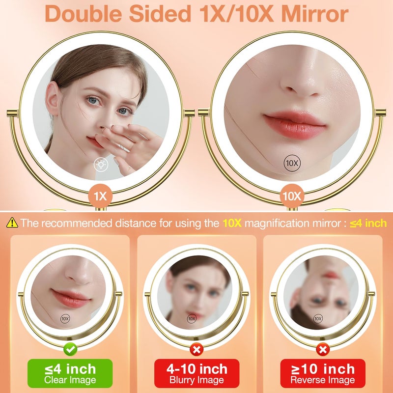 Benbilry 9" Large Wall Mounted Lighted Makeup Mirror, 1X/10X Magnifying 2-Sided AC Plug-in Powered Bathroom Mirror with 3 Color Lights, Touch Dimmable, Extended Arm 360Â° Rotation, ã€Goldã€‘ - Image 3