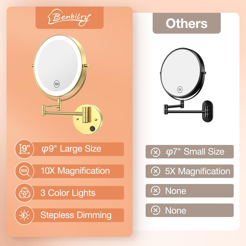 Benbilry 9" Large Wall Mounted Lighted Makeup Mirror, 1X/10X Magnifying 2-Sided AC Plug-in Powered Bathroom Mirror with 3 Color Lights, Touch Dimmable, Extended Arm 360Â° Rotation, ã€Goldã€‘ - Image 5