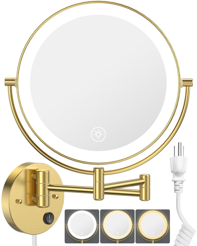 Benbilry 9" Large Wall Mounted Lighted Makeup Mirror, 1X/10X Magnifying 2-Sided AC Plug-in Powered Bathroom Mirror with 3 Color Lights, Touch Dimmable, Extended Arm 360Â° Rotation, ã€Goldã€‘ - Image 1