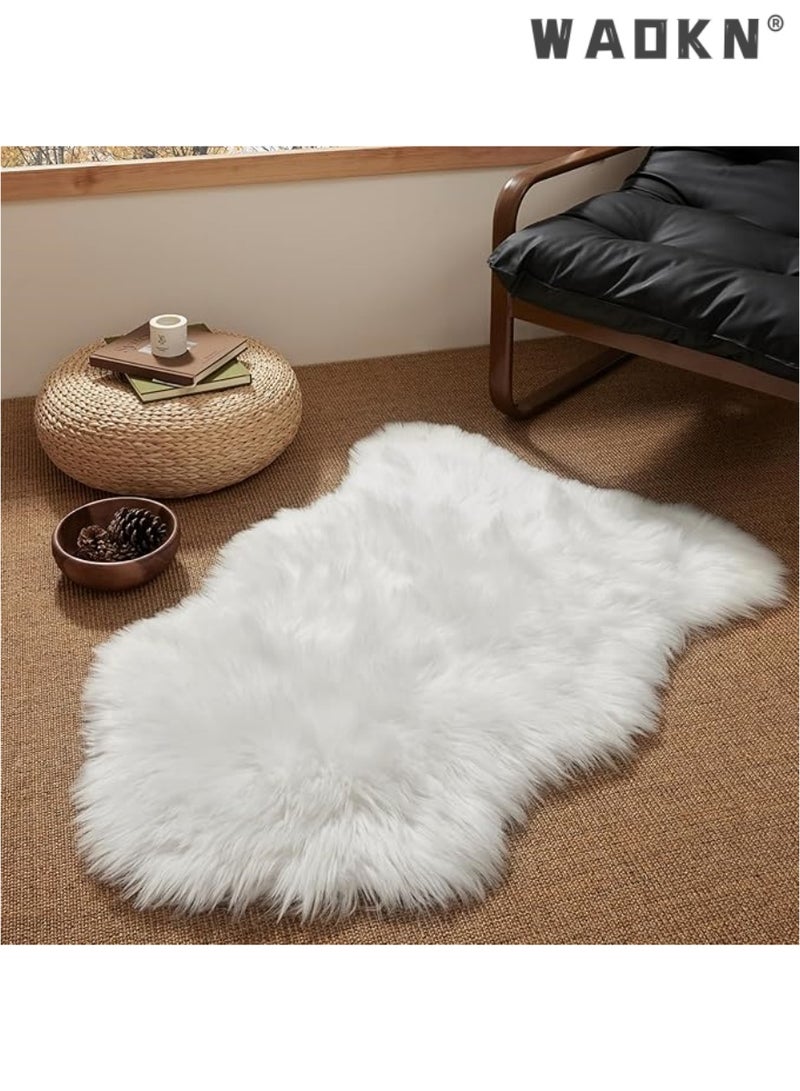 WAOKN Soft Faux Sheepskin Fur Chair & Couch Cover with Area Rug Set - Perfect for Bedroom, Floor, Sofa, and Living Room Spaces - Extended Size 0.6m x 1.2m (White)  - Image 1