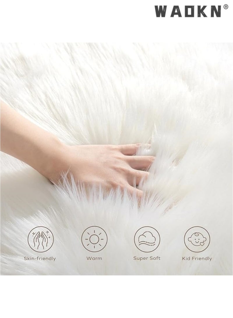 WAOKN Soft Faux Sheepskin Fur Chair & Couch Cover with Area Rug Set - Perfect for Bedroom, Floor, Sofa, and Living Room Spaces - Extended Size 0.6m x 1.2m (White)  - Image 4