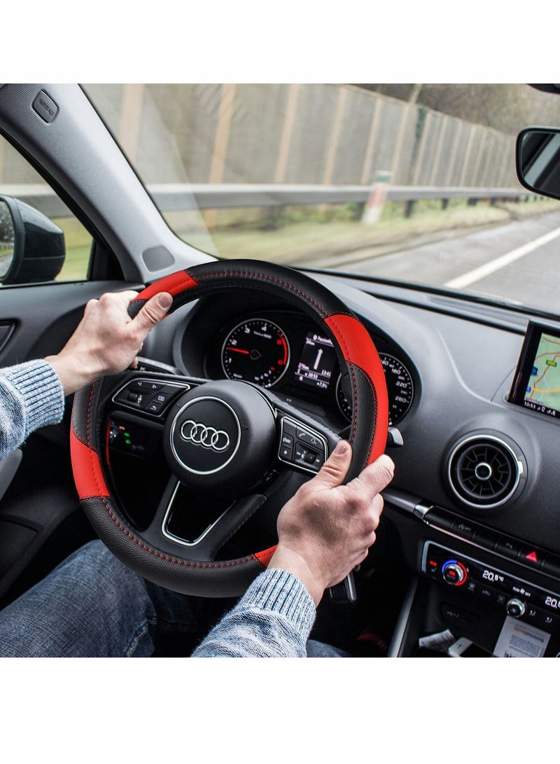 Excefore Car Steering Wheel Cover Leather Non-Slip Car Wheel Cover Protector Breathable Microfiber Leather Universal Fit for Most Cars Universal for All Seasons 15" Ergonomic Comfort Grip Cover (Black Red) - Image 2