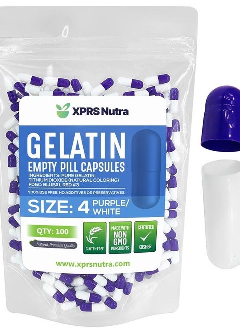 Size 4 Empty Capsules - 100 Count Small Empty Gelatin Capsules - Empty Pill Capsules - DIY Capsule Filling - Bovine Pill Capsules Empty Gel Caps (Purple/White)