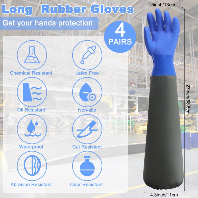 Shellwei 4 Pairs Chemical Resistant Rubber Gloves 27"" Heavy Duty Waterproof Aquarium Long Gloves for Chemical(Stylish) - Image 2
