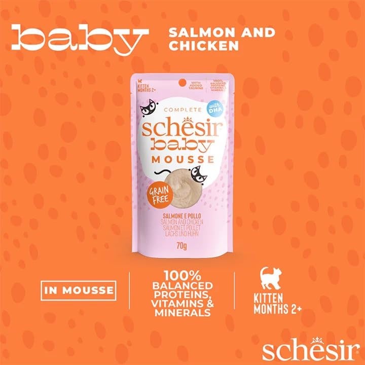 Schesir Baby Cat Mousse, Salmon and Chicken Highly Nutritional Premium and Chicken for Essential proteins and nutrients Cat Food, 70 G (Pack of 3, Salmon),Dry - Image 2