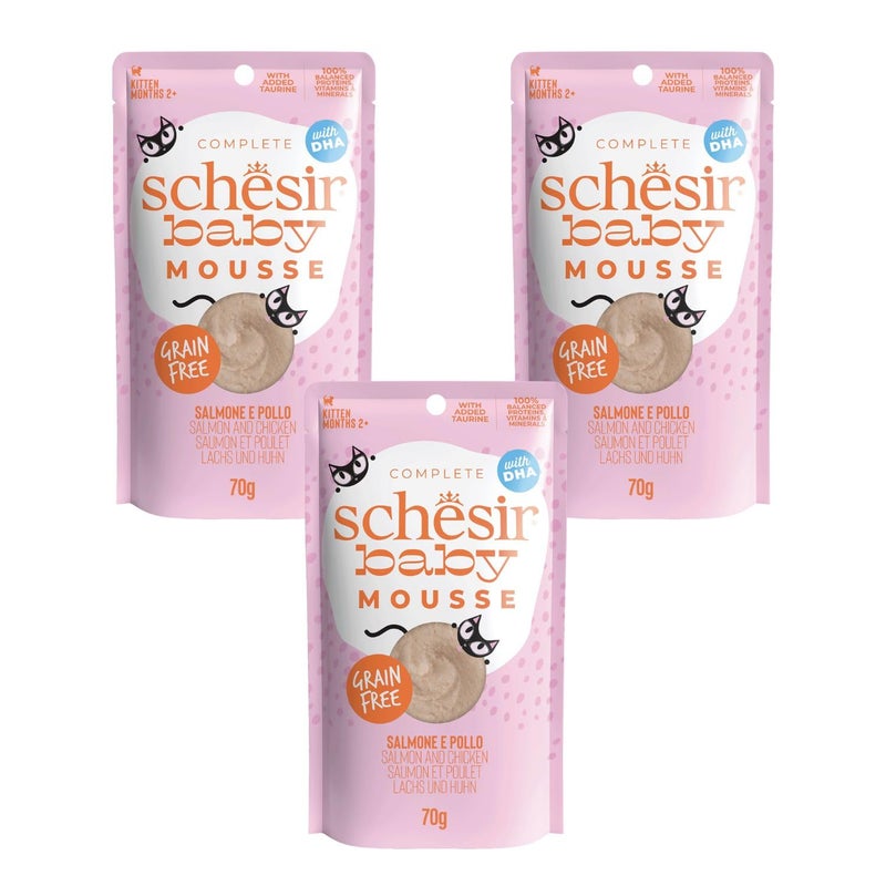 Schesir Baby Cat Mousse, Salmon and Chicken Highly Nutritional Premium and Chicken for Essential proteins and nutrients Cat Food, 70 G (Pack of 3, Salmon),Dry - Image 1