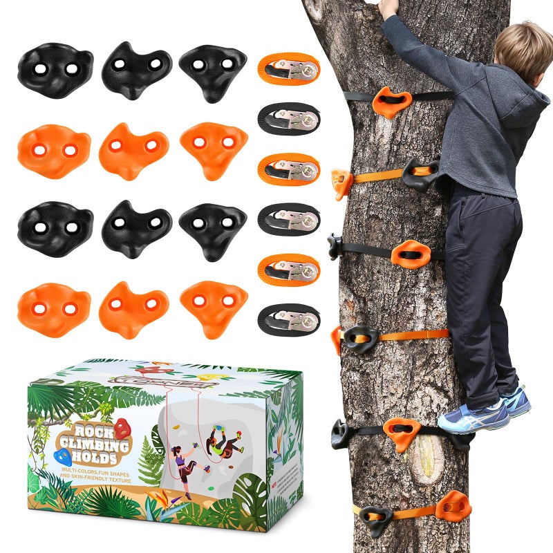 TOPNEW 12 Ninja Tree Climbing Holds for Kids Climber Orange Black Tree Climbing Kit with 6 Ratchet Straps for Outdoor Ninja Warrior Obstacle Course Training - Image 3